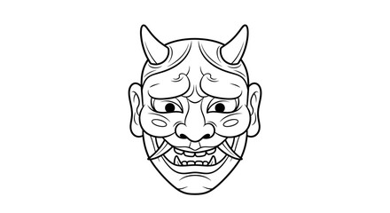 Detailed line art of a menacing Oni mask, evoking Japanese folklore and fierce expressions