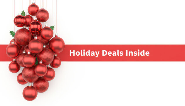 A festive arrangement of red ornaments with a message promoting holiday deals, creating a vibrant and cheerful atmosphere.