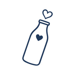 An essential oil glass bottle with a heart on it is shown with a heart coming out of the top on a white background.