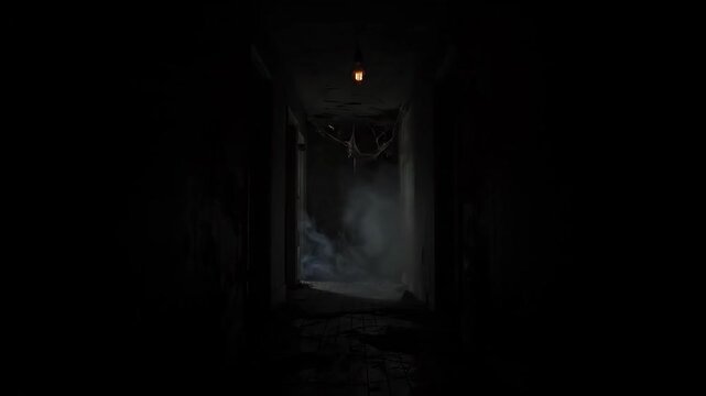Dark and Abandoned Hallway with Creepy Atmosphere and Fog