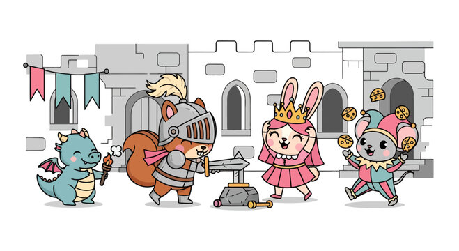 Delightful medieval kingdom adventure with charming animal characters in playful tableau