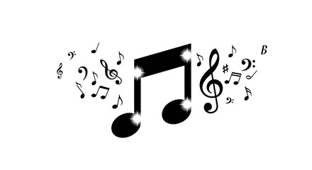 Elegant musical notation design featuring a variety of notes and symbols swirling around