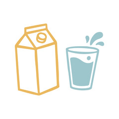 A carton of milk is placed next to a glass of water, and the liquid inside makes a splashing motion out of the glass.