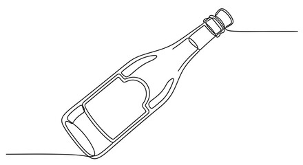 Elegant minimalist line drawing of a tilted wine bottle with label detail illustration