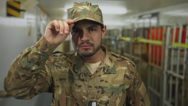 Young hispanic man in army uniform with dog tags tips cap in storage building corridor; pride duty patriotism.