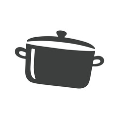 A cartoon style cooking pot with a lid is depicted as a black silhouette on a white background, facing the viewer.