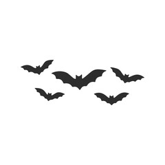 A group of bats are shown in silhouette against a white background, possibly alluding to a halloween theme or illustration.