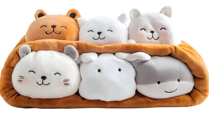 Cute Animal Plush Toys Smiling Faces Cuddly Characters, Whimsical Collection of Round Stuffed Animals in a Cozy Brown Bed, Soft and Huggable, Perfect for Kids Room Decoration and Playtime