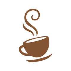 Stylized steamy cup of coffee on a saucer is seen with the liquid suggested by the white space inside the cup.