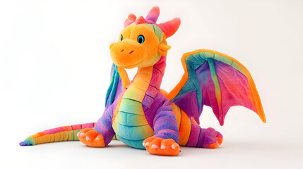 Dragon Plush Toy Colorful Stuffed Animal Rainbow Fantasy Creature Cute and Soft for Kids Room Decor Gift Idea On White Backdrop Playful Design Whimsical Imagination