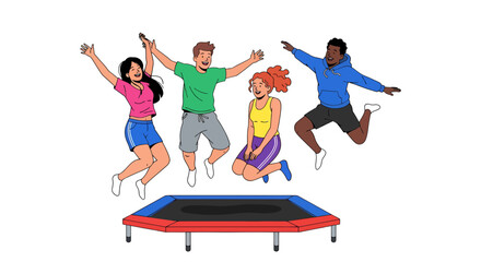Energetic friends bouncing with joyful abandon on a trampoline for recreational fun
