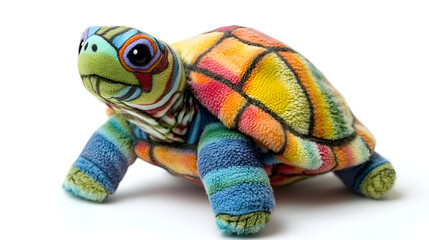 Turtle Plush Toy Brightly Colored Stuffed Animal Isolated on White Background Detailed Fabric Texture Cheerful Design Playful Gift for Kids Room Decor Sea Creature Themed Artwork