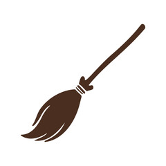 A brown cartoon style witch's broom is displayed on a white background, often associated with Halloween and witches.