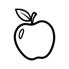 Simple line art depicts a basic apple with a leaf, showing a minimalistic design, and it is in black and white on a clean backdrop.