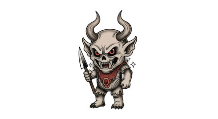 Cartoonish demonic creature with horns holding a spear isolated on a white backdrop