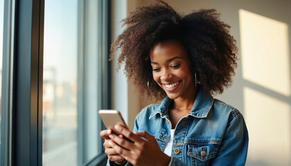 Happy young Black woman uses cell phone by window. She smiles, texts, browses social media, enjoys modern tech. Woman stays connected, communicates with friends. Bright light fills room, soft shadows.