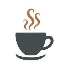 The image depicts a steaming cup of coffee on a saucer in a stylized design isolated on a white background.