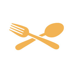 Cutlery such as a fork and spoon in light orange cross each other and they are commonly used for eating meals, desserts, or other foods.