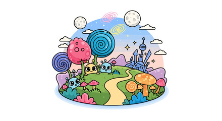 Fototapeta premium Enchanting alien landscape with whimsical creatures and candy trees for imaginative concepts