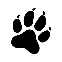 A single black paw print with claws is visible against a plain white backdrop, suggesting animal tracks and movement.