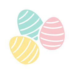 Three easter eggs in pastel colors appear with a striped pattern; they are a light yellow, pink, and blue, and are on a white background.