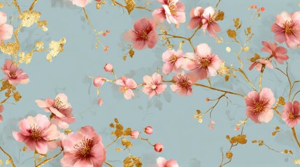 Delicate Floral Pattern: Pink Blossoms and Gold Accents on Blue Background - Aesthetic Nature-Inspired Design for Vibrant Spring Wallpaper and Elegant Decorative Artwork