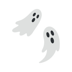 Two simple gray ghosts with oval eyes and mouth float around and haunt on a white plain background.