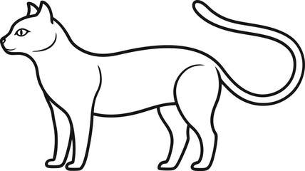 Line drawing of a standing cat facing left with curled tail