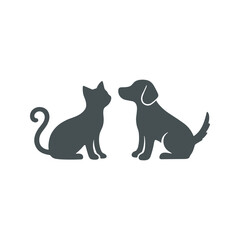 A cat and a dog sit facing each other as flat dark gray silhouettes on a white background in this minimalist illustration.