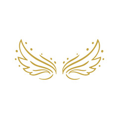 A golden line art illustration shows two wings with a smattering of gold dots on a white background, connoting flight and ethereal beings.