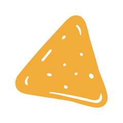 This single tortilla chip has a triangular shape with rounded edges and small white spots scattered over its surface.
