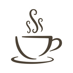A brown graphic depicts a stylized coffee cup on a saucer with curling steam rising upwards, indicating a hot beverage.