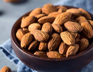 Close-up of roasted almonds in a dark wooden bowl on a textured surface, captured with natural light and shallow depth of field. Perfect for healthy food, snack, and organic nutrition concepts.
