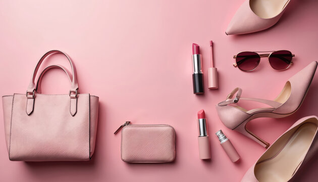 Pink women fashion accessories lay flat including handbag purse sunglasses lipstick and high heels on pastel backdrop. Glamour collection for stylish woman.