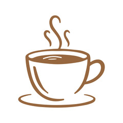 A brown outlined drawing shows a steaming coffee mug sitting on a saucer, set against a stark white backdrop in this illustration.