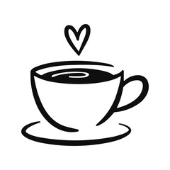 Stylized drawing of a coffee cup on a saucer with a heart over it represents caffeine and love, it is monochromatic.