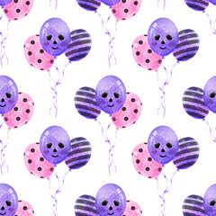Seamless pattern with  balloons. Сute vector watercolor background with illustrations for the design of cards, posters for Halloween day,  paper, wrapping, packaging, wallpaper, textiles