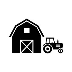 This drawing shows a barn and a tractor which represents farming equipment and agricultural storage in a simple black and white format.