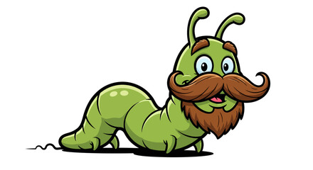 Whimsical caterpillar character with distinguished mustache and beard on a plain background
