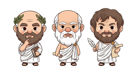 Whimsical Cartoon depiction of the ancient Greek Philosophers imparting wisdom and philosophy