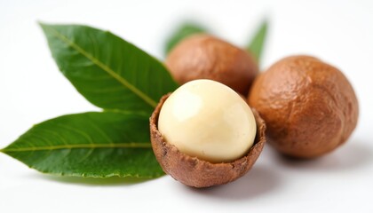 Fresh macadamia nuts with bright green leaves on fine pure white background. One shelled nut sits in brown half. Nuts appear out of focus. Delicious healthy natural snack rich in good fats, useful