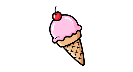 Whimsical delight a single scoop of strawberry ice cream in a waffle cone with cherry