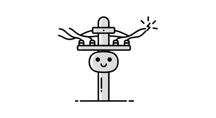 Whimsical electricity tower with smiling face and sparking wire in minimalistic style
