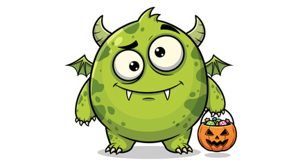 Whimsical halloween green monster illustration with friendly expression carrying candy bucket