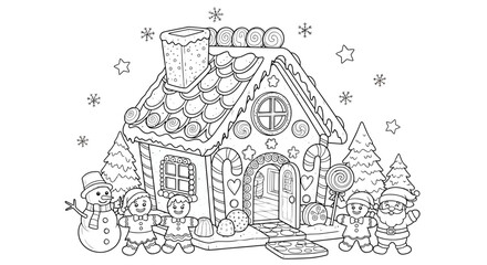 Whimsical Gingerbread House Scene Coloring Page with Holiday Characters and Festive Decorations