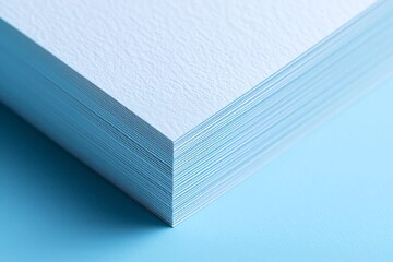 Stack of Textured White Paper. Close-up of a stack of white textured paper on a blue background, ideal for office supply promotions or minimalist designs.