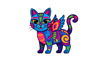 Whimsical winged cat with vibrant patterns illustration isolated on white background