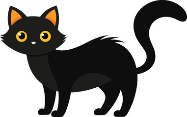 Cute cartoon black cat with bright yellow eyes and orange ears