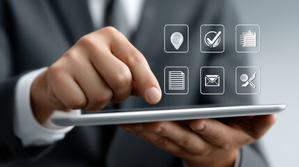 Business application on tablet: A close-up image of a person's hands interacting with a digital tablet, with digital icons overlaid.