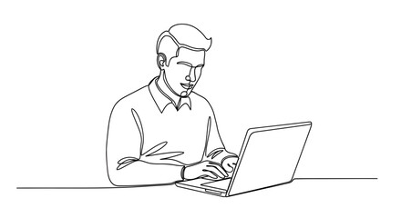 Minimalist line illustration depicting a focused professional using a laptop computer skillfully